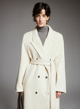 PALUOPO/帕罗中长款呢大衣双排扣复古驳领毛呢外套女秋冬双面