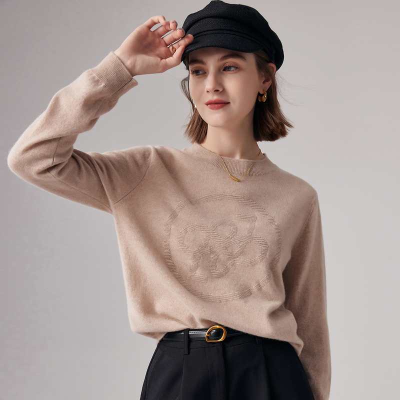 帕罗长袖提花圆领套头羊绒衫女