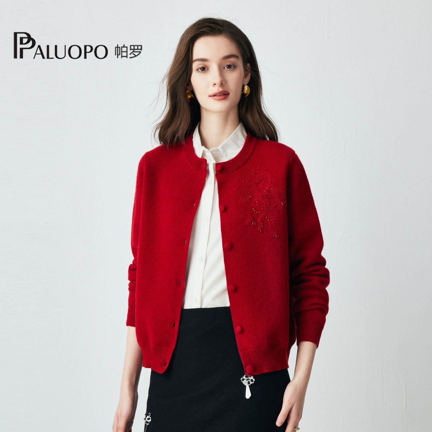 PALUOPO/帕罗重工绣花加厚25冬新款圆领喜庆开衫百搭优雅羊绒衫女,女装/女士精品,羊绒衫,淘宝优惠券,粉丝福利购,淘宝优惠卷