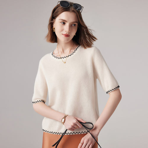 帕罗短袖宽松圆领减龄纯羊绒衫女