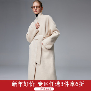 帕罗绵羊毛24秋季新款立领斗篷中长款系带长袖保暖毛呢外套大衣