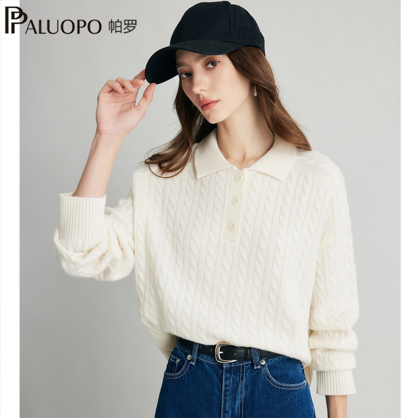 PALUOPO/帕罗100%山羊绒衫女半开领26秋冬新款加厚保暖毛衣针织衫
