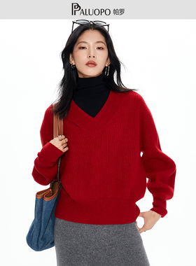 PALUOPO/帕罗2025秋冬新款大V领纯羊绒衫女肌理提花节日红色款