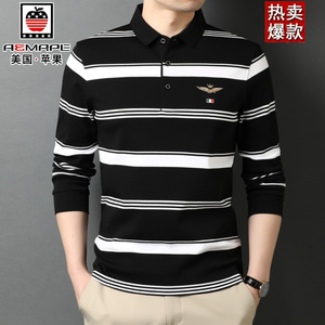 美国苹果100%纯棉t恤男土长袖翻领条纹商务POLO衫春秋款男装上衣