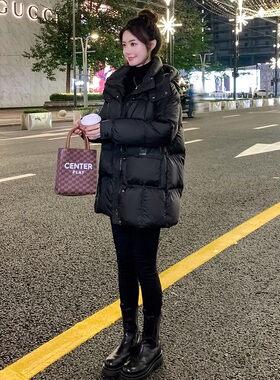中长款羽绒服女士冬季2025新款黑色休闲宽松加厚90白鸭绒保暖外套
