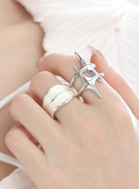 饰尚e族星体设计四芒星戒指女几何个性时尚嘻哈S925镀银开口指环