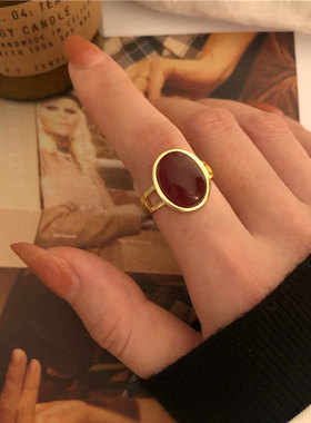 饰尚e族法式高级感红色椭圆复古戒指女925镀银韩版ins网红气质开