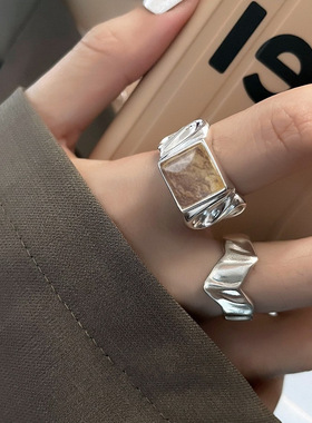 饰尚e族韩版S925镀银个性方糖戒指女复古时尚几何V型开口指环嘻哈