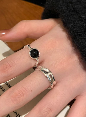 饰尚e族黑色锆石波浪戒指女几何不规则凹凸开口指环ins小众个性食