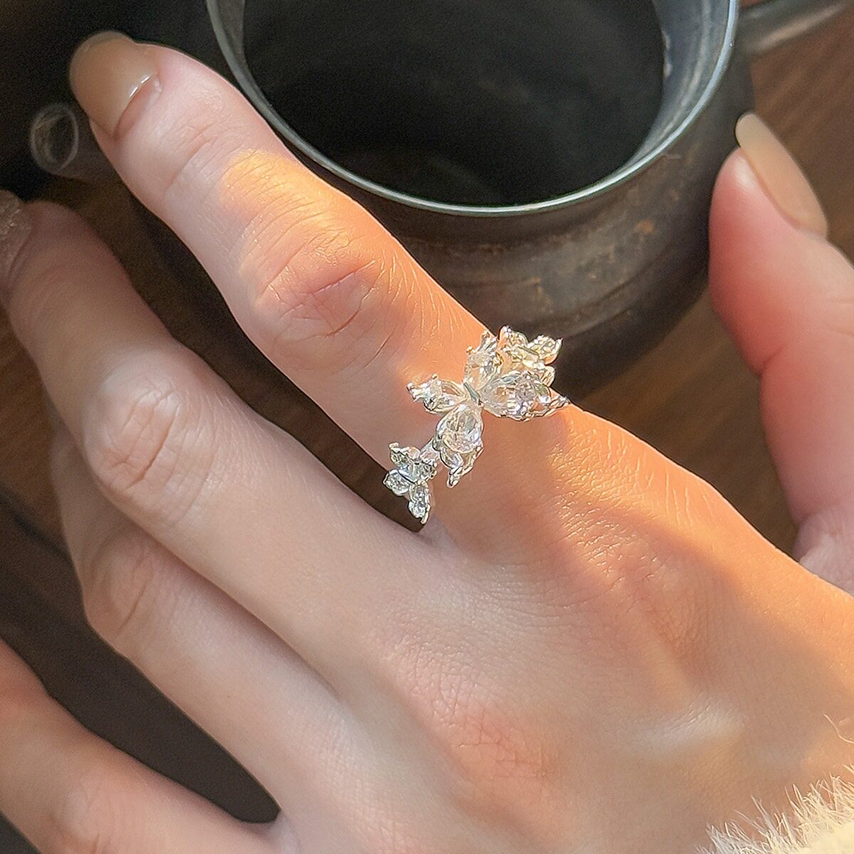 甜美立体蝴蝶戒指女ins风小众设计感气质开口指环百搭叠戴食指戒