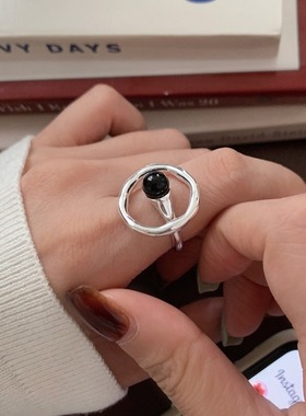 饰尚e族几何镂空圆圈戒指女黑色精致圆珠S925镀银开口指环ins风食