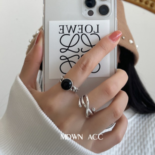 饰尚e族韩版线条交叉戒指女复古黑色圆形滴釉开口指环链条食指戒