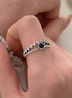 饰尚e族双层麻花戒指女个性黑色锆石微镶开口指环复古时尚