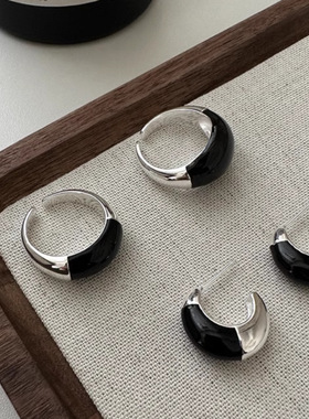 饰尚e族几何圆圈戒指女黑色滴釉精致大小开口指环叠戴创意