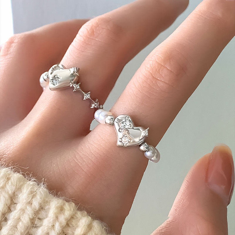 饰尚e族韩版简约爱心戒指女复古时尚甜美珍珠指环气质ins食