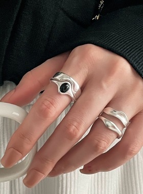 饰尚e族甜酷双层黑色椭圆锆石戒指女个性时尚嘻哈创意开口