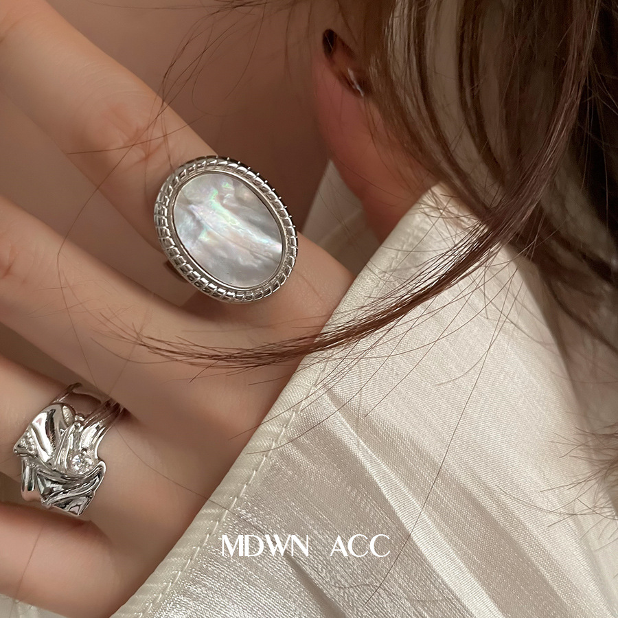 饰尚e族韩版椭圆贝母戒指女复古时尚几何不规则开口指环嘻哈食指