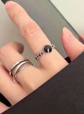 饰尚e族简约线条交叉戒指女黑色滴釉链条叠戴开口指环ins食