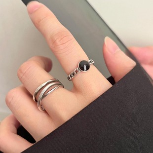 饰尚e族简约线条交叉戒指女黑色滴釉链条叠戴开口指环ins食