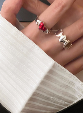 饰尚e族红色爱心戒指女韩版时尚个性几何叠戴开口指环嘻哈