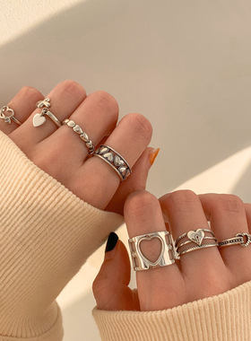 韩版个性镂空爱心戒指女复古时尚桃心型开口指环嘻哈食指戒