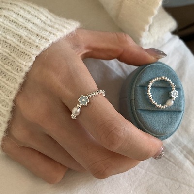 饰尚e族蓝色滴釉花朵珍珠碎银子戒指女轻奢时尚百搭气质S925镀银