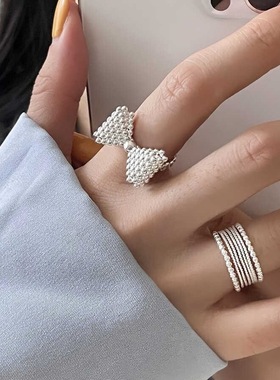 饰尚e族气泡立体蝴蝶结戒指女简约时尚几何多层线条S925镀银开口