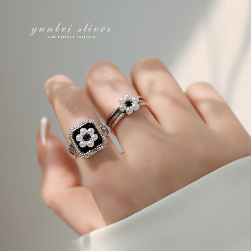 韩版方块珍珠戒指女复古时尚个性滴胶开口指环嘻哈食指戒