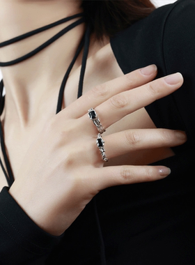 饰尚e族黑色锆石戒指女复古时尚简约水滴不规则开口指环嘻