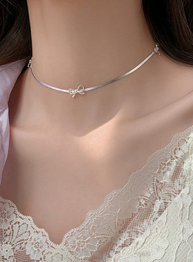 饰尚e族精致蝴蝶结蛇骨项链女简约冷淡风百搭甜美S925镀银锁骨链