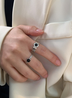 饰尚e族韩版个性黑色圆形戒指女复古时尚气质几何开口指环