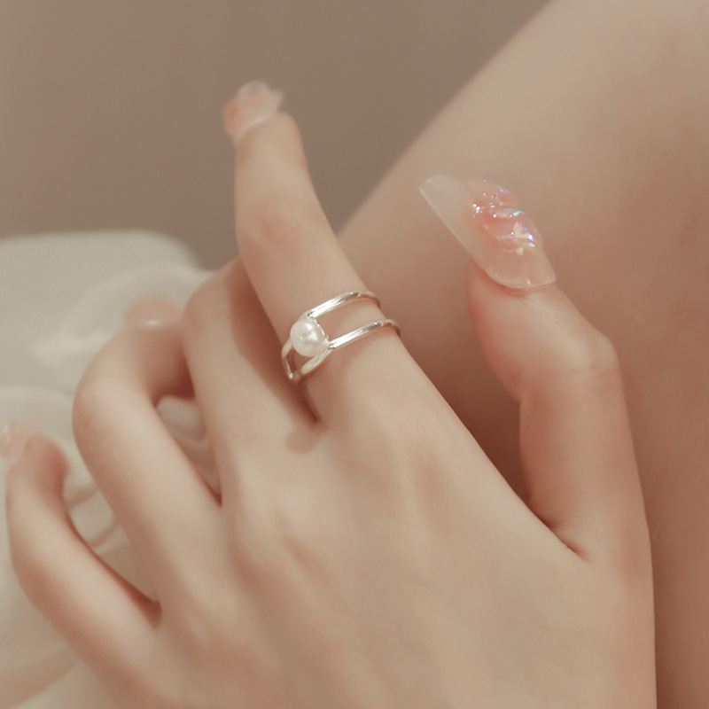 饰尚e族简约双层线条戒指女小众设计百搭珍珠开口指环戒子
