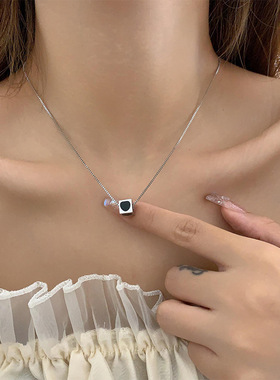 饰尚e族甜酷方形吊坠项链女黑色爱心简约百搭锁骨链网红创