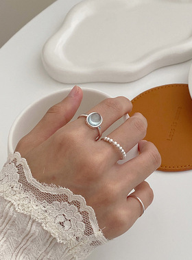 饰尚e族几何椭圆蓝色戒指女网红时尚百搭精致S925镀银开口指环in