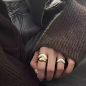 饰尚e族金银撞色雾面戒指女个性 时尚 几何不规则S925镀银开口指环