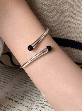 饰尚e族几何素圈手镯女简约百搭叠戴精致黑色圆珠S925镀银手环in