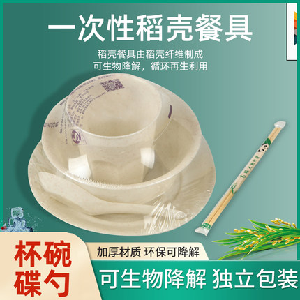 稻壳一次性餐具环保可降解餐具套装碗碟杯勺四件套碗筷加厚硬材质