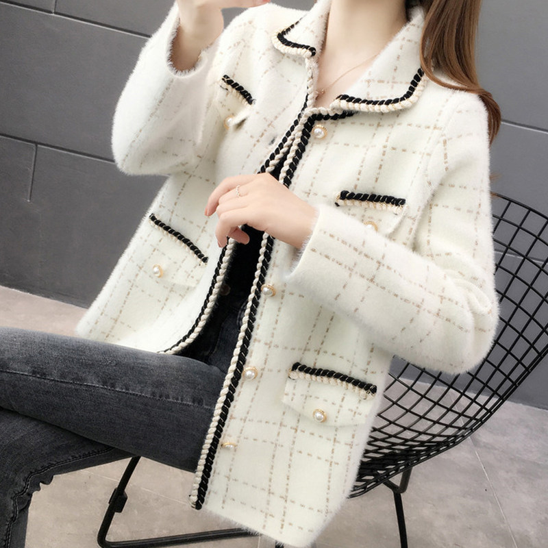 秋装水貂绒上衣女韩版宽松2020秋冬新款时尚格子金线香风外套女