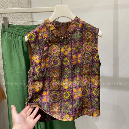 新中式盘扣富贵太阳花提花人丝香云纱女无袖小衫夏改良国风轻奢潮
