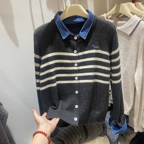 牛仔翻领刺绣条纹毛衣针织开衫