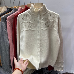 洋气钩花蕾丝半高领单排扣羊毛针织衫 显瘦百搭潮 女温柔设计感韩版