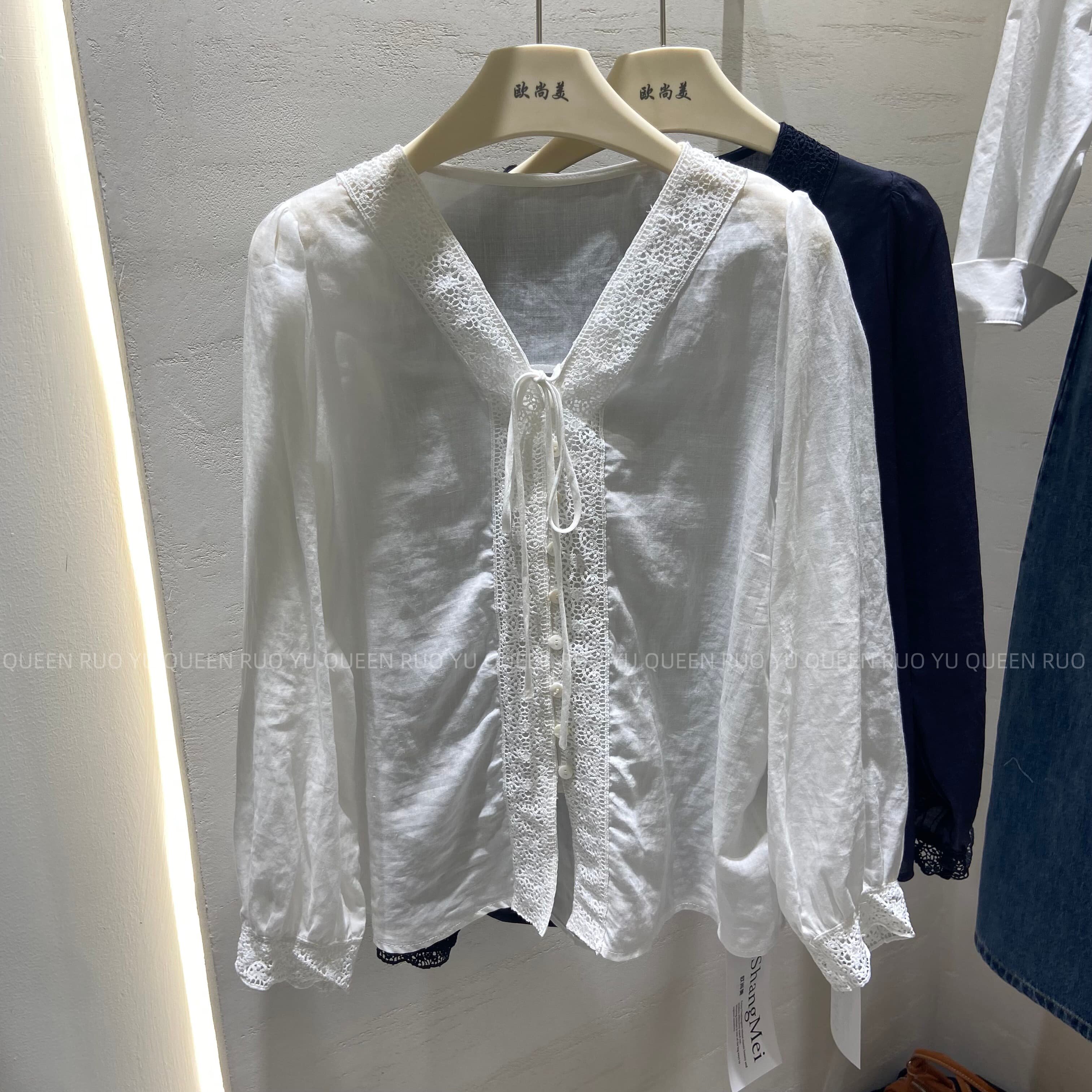 绑带单排扣v领蕾丝刺绣钩花棉麻长袖娃娃衫衬衫女2026夏韩版度假