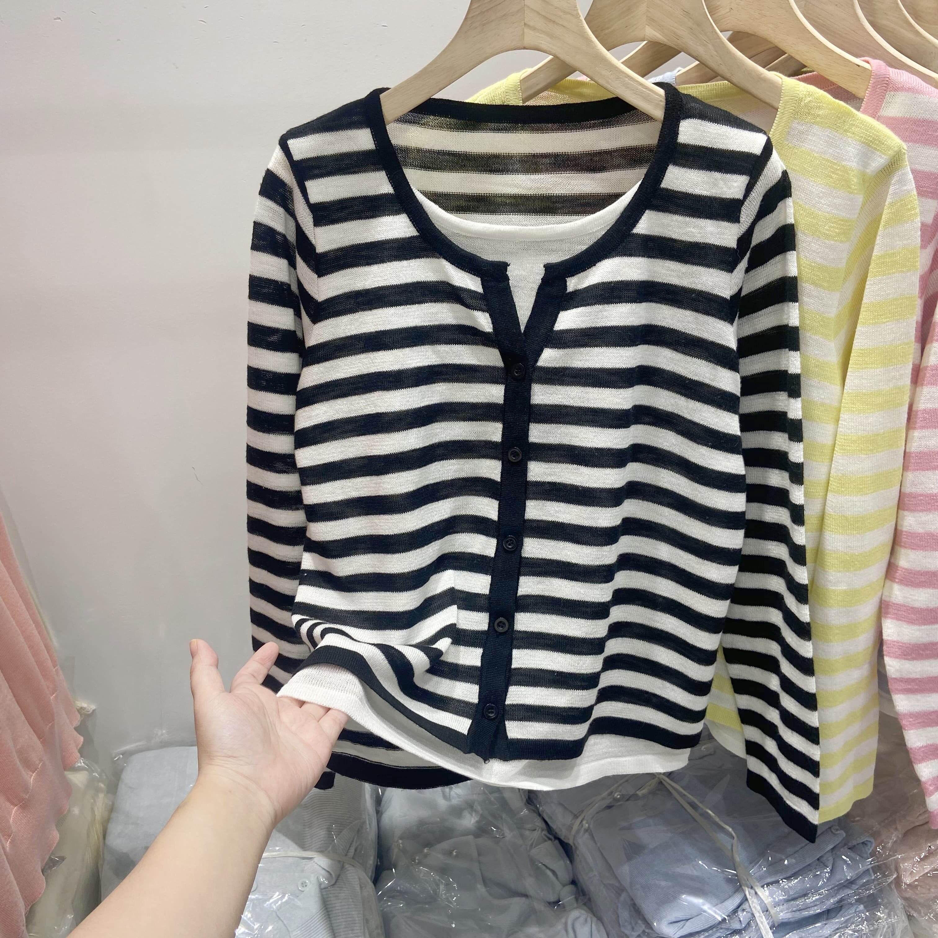 洋气v领假两件长袖条纹冰丝针织衫开衫女韩版宽松显瘦薄款上衣潮