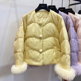 新中式花朵纽扣狐狸毛提花90绒白鸭绒羽绒服外套女冬设计感温柔潮