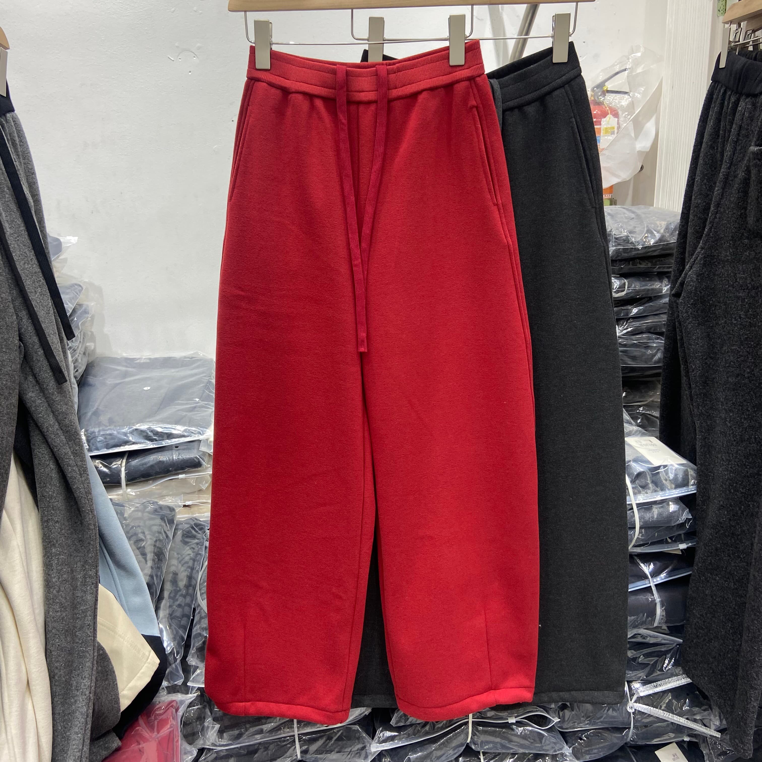 红色松紧腰绑带加绒哈伦裤长裤女