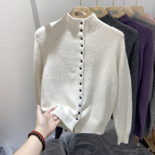 洋气半高领一排扣羊绒羊毛针织衫开衫纯色毛衣设计感显瘦宽松女