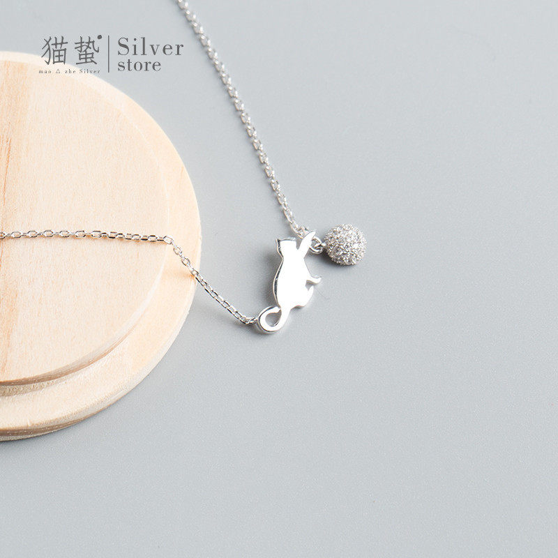 s925银猫咪玩球项链女锁骨链ins简约百搭学生气质小众设计