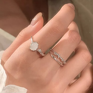 925纯银月光石戒指小众食指戒轻奢高级开口戒双层素圈女