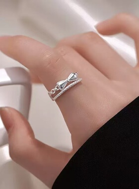 S925纯银双层蝴蝶结戒指女小众精致甜美食指戒开口可调节指环轻奢