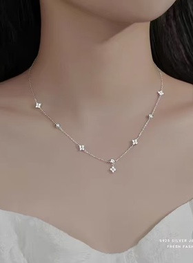 925纯银项链轻奢小众四叶草项链女款高级感锁骨链长款流苏颈链女